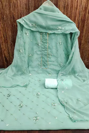 Women's sea green heavy thread sequence embroidery stylish neck dupatta georgette dress material