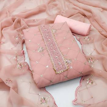 Women's peach heavy thread sequence embroidery stylish neck with dupatta georgette dress material 1
