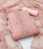 Women's peach heavy thread sequence embroidery stylish neck with dupatta georgette dress material