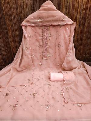 Women's peach heavy thread sequence embroidery stylish neck with dupatta georgette dress material 3