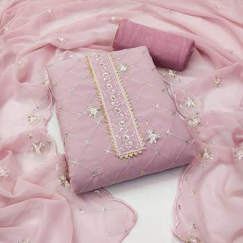 Women's baby pink heavy thread sequence embroidery stylish neck dupatta georgette dress material 1