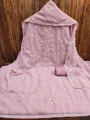 Women's baby pink heavy thread sequence embroidery stylish neck dupatta georgette dress material 3