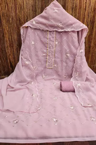 Women's baby pink heavy thread sequence embroidery stylish neck dupatta georgette dress material