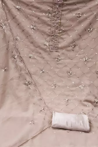 Women's beige heavy thread sequence embroidery stylish neck with dupatta georgette dress material