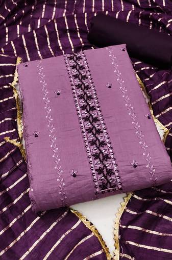 Women's light purple unstitched heavy thread sequence embroidery  with dupatta cotton dress material (rnx590ppl)