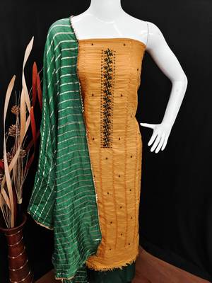 Women's musterd unstitched heavy thread sequence embroidery woven dupatta parampara cotton dress material (rnx590mtd) 3