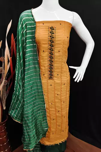 Women's musterd unstitched heavy thread sequence embroidery woven dupatta parampara cotton dress material (rnx590mtd)