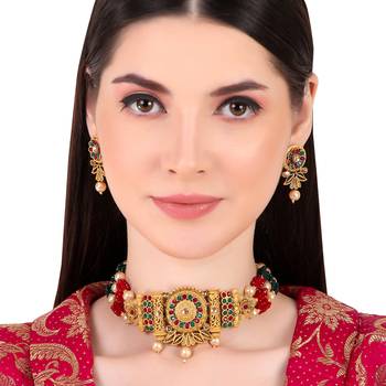 multi colored pearl ad stone choker necklace jewellery set for women(red green) 1