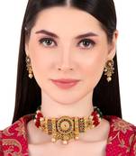 multi colored pearl ad stone choker necklace jewellery set for women(red green)
