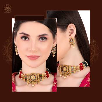 multi colored pearl ad stone choker necklace jewellery set for women(red green) 3