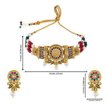 multi colored pearl ad stone choker necklace jewellery set for women(red green) 4