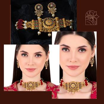 multi colored pearl ad stone choker necklace jewellery set for women(red green) 5