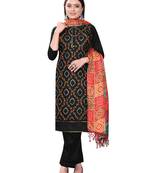 Women's black heavy thread embrodiery mirror work wit print dupatta cotton dress material