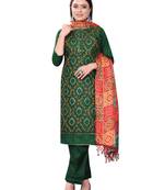Women's green heavy thread embrodiery mirror work with print dupatta cotton dress material