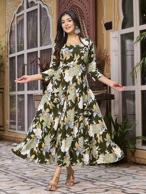 Womens Deep Green Printed Floral Dress 1