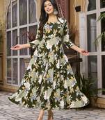 Womens Deep Green Printed Floral Dress