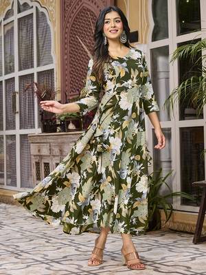 Womens Deep Green Printed Floral Dress 2