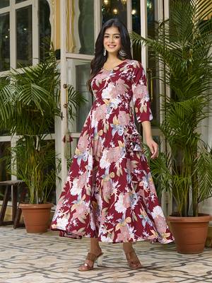 Womens Maroon Red Printed Floral Dress 1
