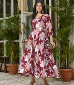 Womens Maroon Red Printed Floral Dress
