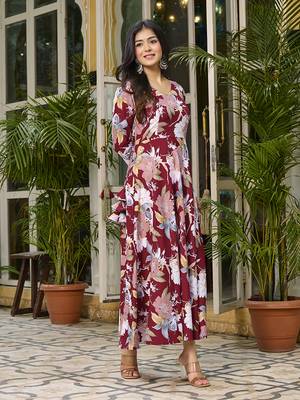 Womens Maroon Red Printed Floral Dress 3