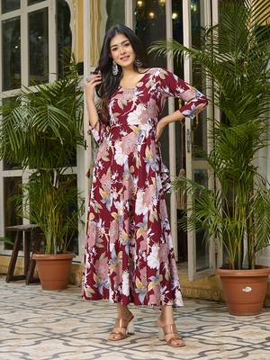 Womens Maroon Red Printed Floral Dress 4