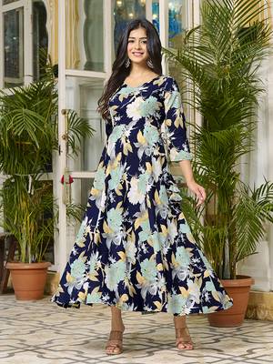 Womens Navy Blue Printed Floral Dress 1
