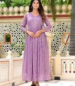 Womens Purple Sequence V-Neck Tie-Up Fit & Flared Maxi Ethnic Dress
