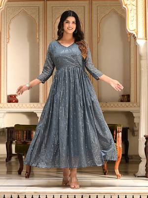 Womens Grey Sequence V-Neck Tie-Up Fit & Flared Maxi Ethnic Dress 1