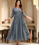 Womens Grey Sequence V-Neck Tie-Up Fit & Flared Maxi Ethnic Dress