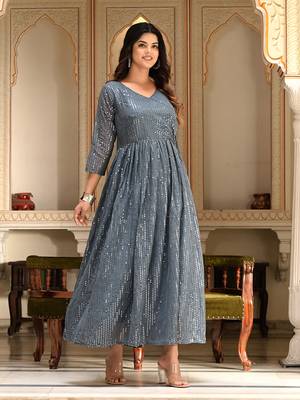 Womens Grey Sequence V-Neck Tie-Up Fit & Flared Maxi Ethnic Dress 3