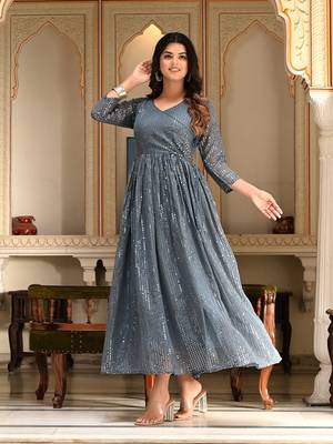 Womens Grey Sequence V-Neck Tie-Up Fit & Flared Maxi Ethnic Dress 4