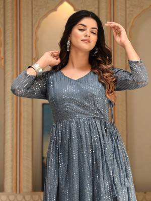 Womens Grey Sequence V-Neck Tie-Up Fit & Flared Maxi Ethnic Dress 5