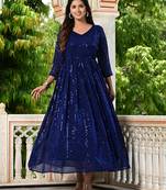 Womens Navy Blue Sequence V-Neck Tie-Up Fit & Flared Maxi Ethnic Dress