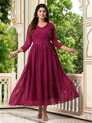 Womens Rani Pink Sequence V-Neck Tie-Up Fit & Flared Maxi Ethnic Dress 1
