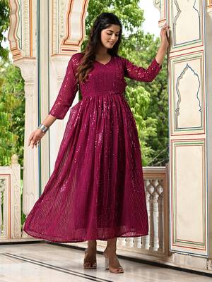 Womens Rani Pink Sequence V-Neck Tie-Up Fit & Flared Maxi Ethnic Dress 2