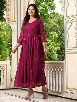 Womens Rani Pink Sequence V-Neck Tie-Up Fit & Flared Maxi Ethnic Dress 3