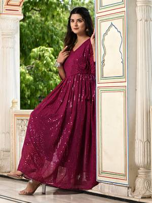 Womens Rani Pink Sequence V-Neck Tie-Up Fit & Flared Maxi Ethnic Dress 4