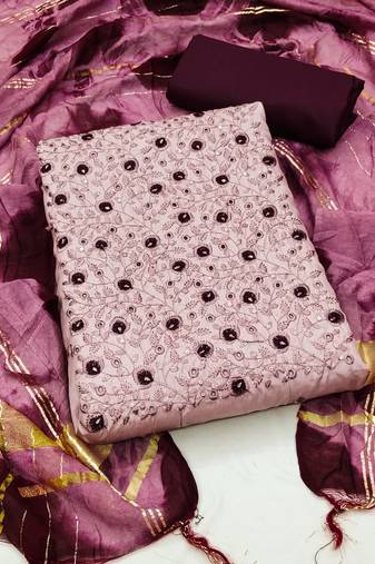 Women's light purple unstitched heavy thread sequence embroidery with woven dupatta zora silk dress material (rnx588ppl)