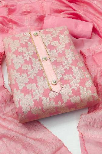 Women's pink unstitched designer weaving and fancy border with sequence work dupatta dress material (rnx585pnk)