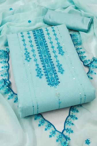 Women's sky blue unstitched heavy thread sequence embroider fancy borde embroidered dupatta dress material (rnx584sbl)