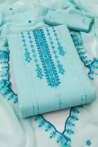 Women's sky blue unstitched heavy thread sequence embroider fancy borde embroidered dupatta dress material (rnx584sbl)