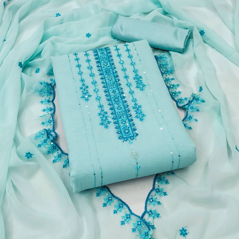 Women's sky blue unstitched heavy thread sequence embroider fancy borde embroidered dupatta dress material (rnx584sbl)