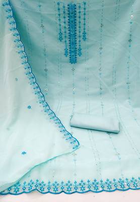 Women's sky blue unstitched heavy thread sequence embroider fancy borde embroidered dupatta dress material (rnx584sbl) 2
