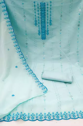 Women's sky blue unstitched heavy thread sequence embroider fancy borde embroidered dupatta dress material (rnx584sbl)