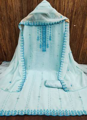 Women's sky blue unstitched heavy thread sequence embroider fancy borde embroidered dupatta dress material (rnx584sbl) 3