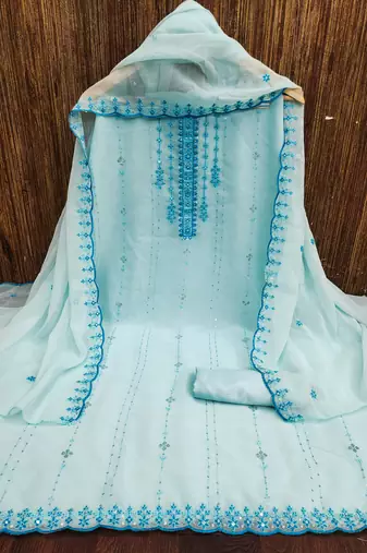 Women's sky blue unstitched heavy thread sequence embroider fancy borde embroidered dupatta dress material (rnx584sbl)