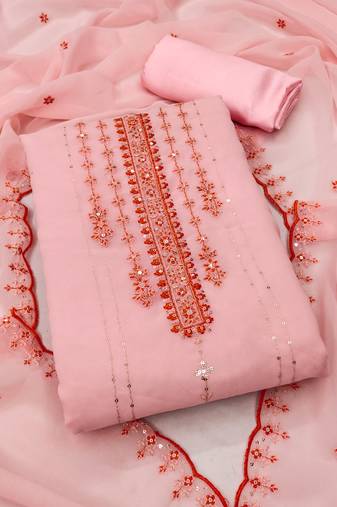 Women's peach unstitched heavy thread sequence embroidery border with embroidered dupatta dress material (rnx584pch)