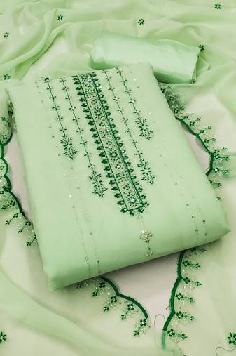 Women's green unstitched heavy thread sequence embroidery with embroidered dupatta georgette dress material 