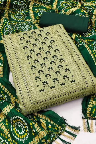 Women's light green unstitched heavy thread sequence embroidery bandhani dupatta coco silk dress material (rnx582grn)