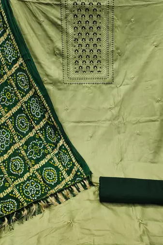 Women's light green heavy thread sequence embroidery bandhani dupatta coco silk dress material